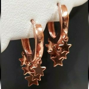 18KT ROSE GOLD/925 STERLING SILVER FALLING STAR DANGLE HUGGIE HOOPS☆NEW